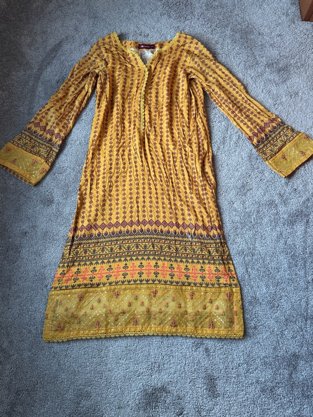 Bin Saeed Yellow Printed Tunic Dress Long Sleeve Boho Ethnic Embroidered SIZE 12
